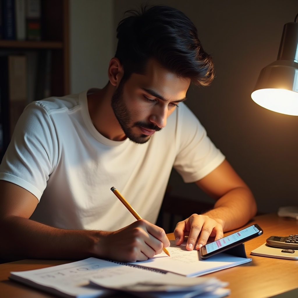 Studente che calcola le spese mensili dell'appartamento con un taccuino